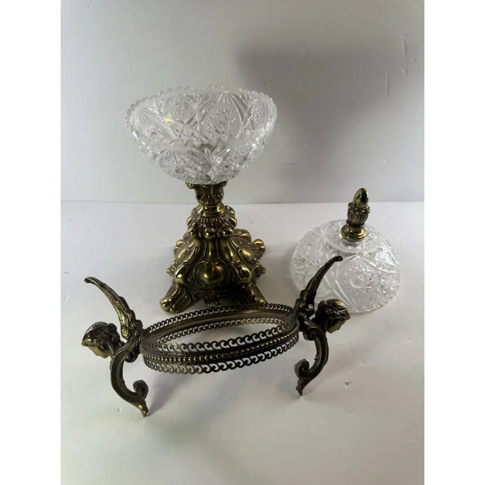 Vintage Hollywood Regency Cut Crystal Candy Dish Brass Cherub Lidded Compote